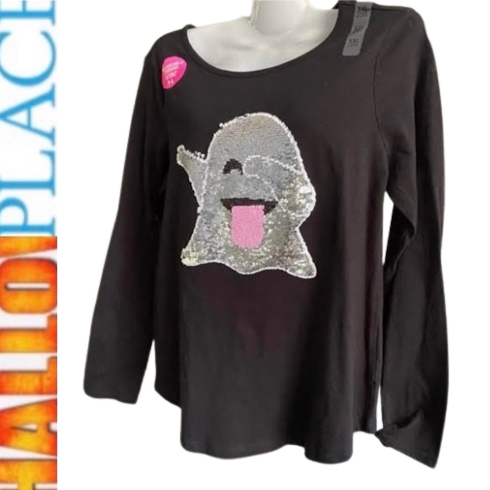 Girls Sequin Halloween Ghost Long Sleeve Shirt Place - Picture 2 of 16